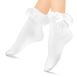 ElevateTech Women Frilly Socks, Cute Ruffle Socks Soft White Turn-Cuff Ankle Socks Breathable Cute Ladies Princess Lace Socks Cool Cotton Socks for Girl Women(Bow)
