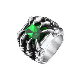 Bestyle Chunky Gothic Dragon Ring with Green Gemstone Retro Big Men Goth Signet Ring Synthetic Green Emerald Ring for Men, Trendy Vintage Men Thumb Finger Pinky Ring, Size 14