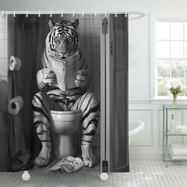 Funny Tiger Shower Curtain 70X70IN Funcy Humor Tiger Animal on Toilet Reading a Newspaper Shower Curtains Set, Black and White Shower Curtains, Waterproof Bathroom Decor with 12Hooks