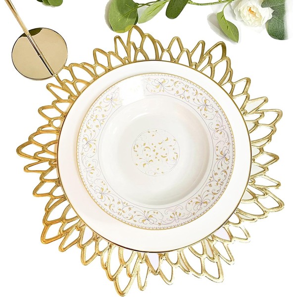 Herda Gold Table Placemats Set of 12, Gold Vinyl Table Mats 12 Pcs, Gold Plates Chargers Round Dining Place Mats for Christmas, Thanksgiving, Wedding Table Decoration, Gold Leaf Design Plate Chargers