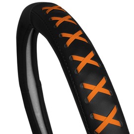 TLH Universal Orange 15 Inch Genuine Leather Steering Wheel Cover with Lace-Up Detailing