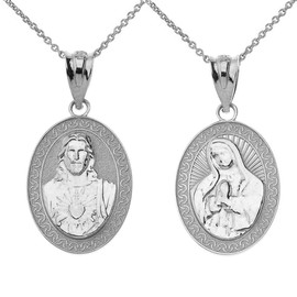 Claddagh Gold .925 Sterling Silver Sacred Heart Of Jesus, Immaculate Heart of Mary Medal Reversible Pendant Necklace, Metal, No Gemstone