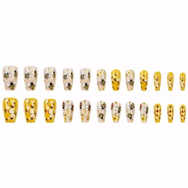MISUD Coffin Press on Nails Medium Fake Nails Glossy Glue on Nails Yellow Flower Acrylic Nail Supplies Ballerina Artificial Nail Art Spring Bee Stick on False Nails with Design DIY 24 pcs