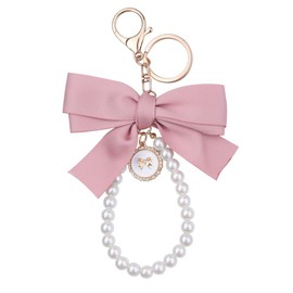 Cute Keychains for Women Wristlet Bow Keychain for Purse Bag Charms for Handbags Pink Pearl Chain Bow Keychain Accessories for Women Purse Bag Keychain Charm Pearl Key Chain Wristlet Bracelet