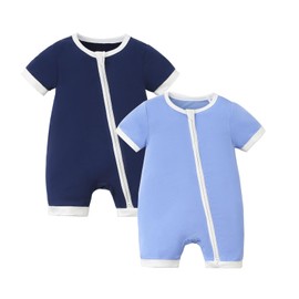 JunNeng Rayon from Bamboo Baby Romper Sleeper Short Sleeve Summer Jumpsuit,Newborn Boy Zipper Snug Fit Sleep 'N Play,Blue+Navy Blue 0-3 Months
