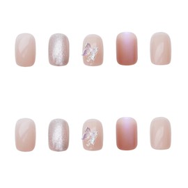 YONAIL Pink False Nails French Tips Short Glitter Press on Nails Butterfly Decals Acrylic False Nails with Glue Square Stick on Nails for Women 24pcs/set