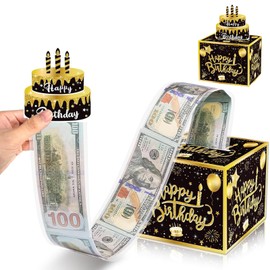 JSTHHTT Black Gold Pull Surprise Money Gift Box for Boys Girls Birthday Presents, Happy Birthday Money Box for Cash Gift, Birthday Money Box Cash Gift Pull for Any Age, Money Gift Box for Cash Gifts