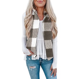 LOMON Women's Casual Sleeveless Zip Up Fuzzy Fleece Lightweight Warm Zipper Vest with Pockets Khaki Plaid S