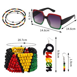 Bohue 5 Pieces Women's African Jewelry Set Jamaican Costume Accessories Square Sunglasses Rasta Beaded Bracelet Necklace Wooden Earrings Fashion Decoration for Women Girls