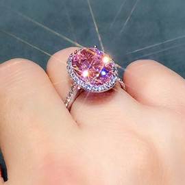 SUKKCCNO S925 Silver Goose Egg Pink Diamond Ring AAA Cubic Zirconia Ring Pink Pigeon Egg Proposal Ring (Size 10)
