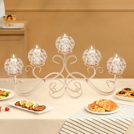 Gold Crystal Candle Holders Decorative Arch Candelabra 5-Arm Sparkling Candlesticks Holder for Table Centerpiece, Wedding, Party, Anniversary