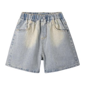 Rolanko Girls' Jeans Shorts, Elastic Waistband, Summer Ripped Hot Short Jeans with Pockets for Children, Embroidery floral, 13-14 years