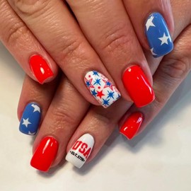 4th of July Press on Nails Medium Square Fake Nails with Red,White Blue Five-Pointed Star Designs Glitter Nails Stick on Nails Press on Independence Day Nails Kit Patriotic False Nails for Women 24Pcs