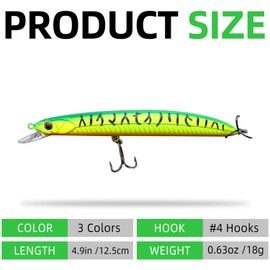 3 Pieces Fishing Lures Jerkbaits, Long Casting Topwater Suspending Jerkbaits with Hooks, Hard Plastic Floating Small Minnow Lures, Realistic,Lifelike, for Freshwater Saltwater, Bass, Pike, Trout