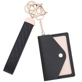 Narsikar Leather Wristlet Keychain for Women, Cute Keychain Wristlet Car Key Chain with 2 Key Ring, Anti-Lost D Ring and Mini Wallet (Black)