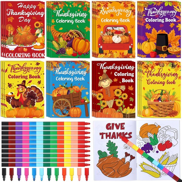 Funrous 24 Pcs Thanksgiving Coloring Book Party Favors for Kids 24 Pcs Stacking Crayon Mini Drawing Book Bulk for Fall Autumn Birthday Party Goody Bag Gift Classroom Activity Supply (Turkey)