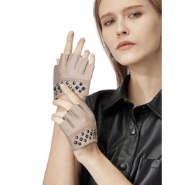 FIORETTO Women's Fingerless Leather Gloves for Driving, Motorcycle, Goth, Cosplay - Beige Beige Large