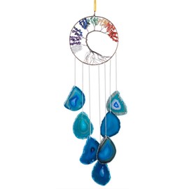 Nupuyai Tree of Life Blue Agate Slices Wind Chime 7 Chakra Crystal Hanging Ornaments Handmade Windchime for Home Indoor Outdoor Decoration