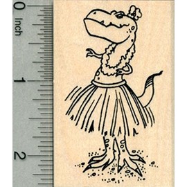 Luau Dinosaur T-rex Rubber Stamp, Tyrannosaurus in Grass Skirt and Lei