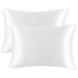 PiccoCasa Satin Pillow Cases 2 Pack, Satin Silk Pillowcase for Hair and Skin with Zipper Closure Soft Pillow Cases Cover Set White 50 x 75cm