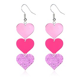 QLYOVWE Hot Pink Heart Earrings for Women Lightweight Double Love Heart Drop Earrings Unique Pink Red Love Heart Statement Earrings Valentine's Day Mother's Day Birthday Gift (Shiny Red Red 2)