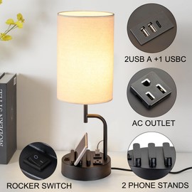 Dreamholder Table Lamp with 3 USB Charging Ports, Modern Desk Lamp with AC Outlet and Phone Stands, Perfect Bedside Lamp for Bedroom, Living Room, Office (Pack of 2), Cream