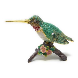 Kubla Crafts Enameled Green Hummingbird on Branch Trinket Box, Accented with Austrian Crystals