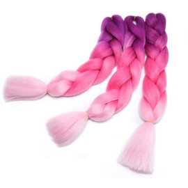 3 Pieces Colorful Jumbo Braiding Hair Extensions 3 Tone Ombre Synthetic Braiding Hair Extension 24 inches Purple to Peach Pink to Light Pink
