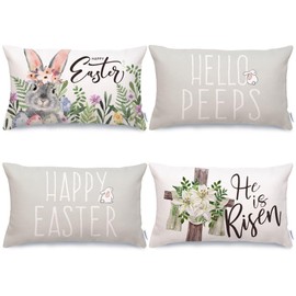 GEEORY Happy Easter Pillow Covers 12x20 Inch Set of 4, Floral Rabbit Bunny Hello Peeps Cross He is Risen Farmhouse Decorative Throw Pillowcases for Home Sofa Couch Decoration (Grey) G497-12