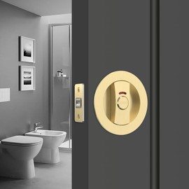 Coinkoly 1 Pack Brushed Gold Pocket Door Lock with Color Coded Indicators for Bathroom, (2-3/8" Backset) Brass Heavy Duty Pocket Door Hardware Privacy Lock Round Frush Sliding Pocket Door Lock