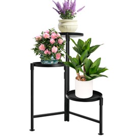 KISENG 3 Tier Plant Stand Indoor, Metal Plant Shelf Outdoor, Foldable Corner Tall Plant Rack for Multiple Plants, Flower Pot Holder Display Stand for Living Room Patio Home Decor for Gardening
