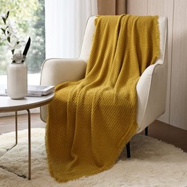 CREVENT Farmhouse Boho Knitted Throw Blanket for Couch Sofa Chair Bed Home Decoration, Soft Warm Cozy Light Weight for Spring Summer Fall (50''X60'' Mustard / Yellow)