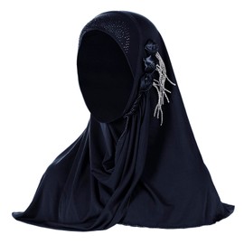 Ylucky Women Muslim Hijab Scarf Floral Lace Head Scarf Girls Islamic Arab Head Wrap Shawls (navy blue with rhinestones)