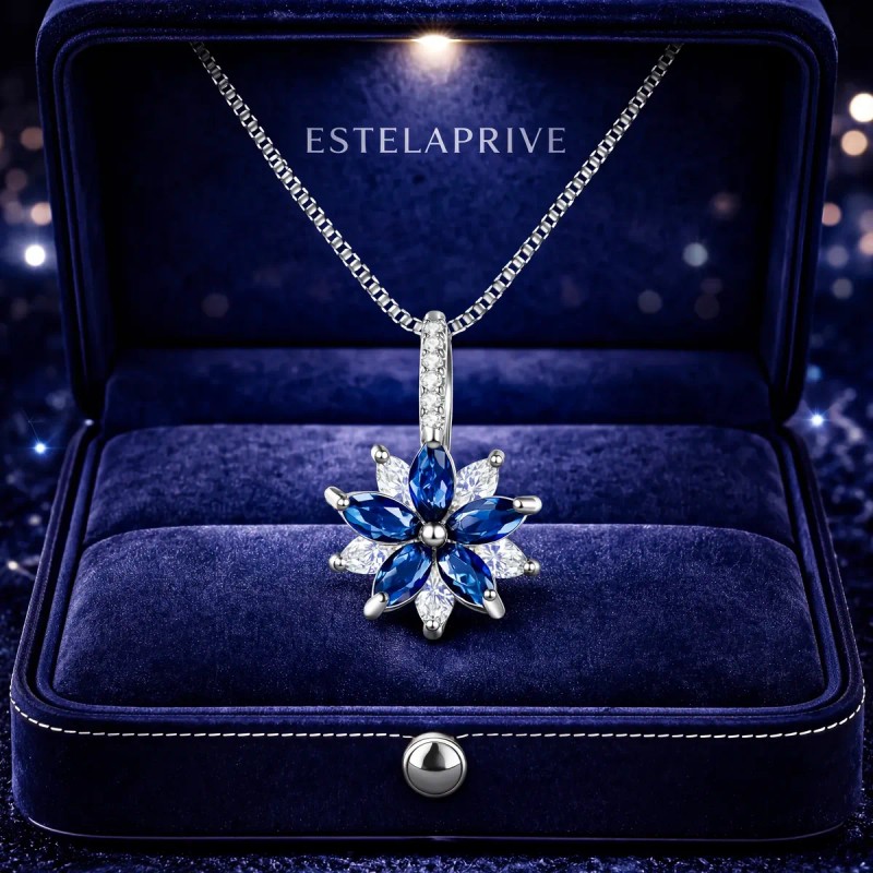 ESTELAPRIVE - Collar Flor Azul Perla Plata 925 Dije Regalo