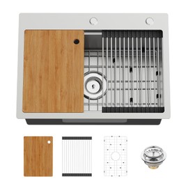 Kitchen Sink Workstation, 25x18 In Stainless Steel Drop In Modern Single Bowl Topmount Workstation Sink Combo-SS Grid,Drying Rack,Cutting Board And Drain Assembly For Various Kitchen&Bar