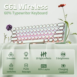 EWEADN G61 Typewriter Keyboard Wireless Mechanical Keyboard, 60% Mini Typewriter Keyboard with Rainbow Backlit, Anti-Ghosting, Red Switch Bluetooth/2.4GHz/USB-C Cute Aesthetic Keyboard-Green