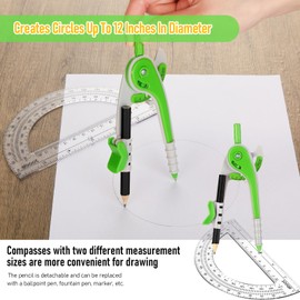 EBOOT Student Geometry Math Set, Drawing Compass and 6 Inch Clear Swing Arm Protractors 180 Degree Math Protractor (Green,Delicate)