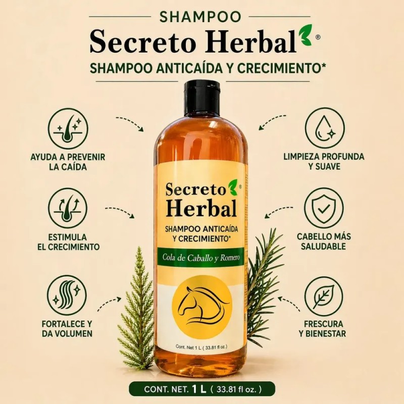 Shampoo Secreto Herbal con Extractos Naturales de Romero y Cola