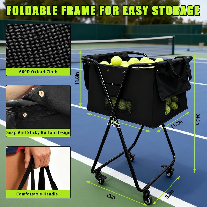 Jacgood Tennis Ball Hopper Cart with 4 Wheels，Foldable Large Capacity