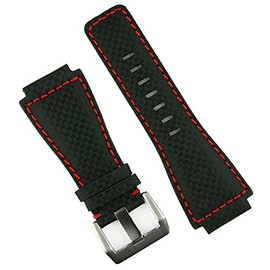 B & R Bands Black Carbon Fiber Style Red Stitch Bell & Ross BR01 BR03 Watch Band Strap - Medium Length