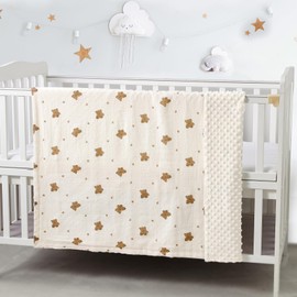 CREVENT Organic Muslin Cotton Baby Blanket for Newborns, Soft Mink Backing, Essential for Baby Shower, Birthday Gift - Bear 75 x 100 cm