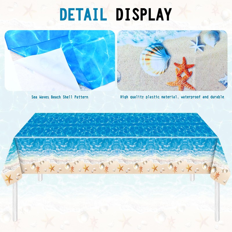 Herytem 3-Piece 54 x 108 Inch Summer Beach Plastic Tablecloth