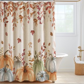 Cortina de ducha de lino con hojas de calabazas de otoño, color amarillo, naranja, acuarela, hojas de eucalipto, juego de cortina de ducha con ganchos, cortinas de ducha de otoño para baño, cortina de