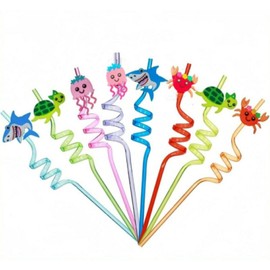 VNHATY 8 Pieces of Marine World Straws Reusable Curly Straws Suitable for Adults and Children Underwater World Theme Birthday Party Decoration Marine Animal Party Supplies