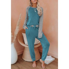 Ekouaer womens Pyjamas set lightweight lounge wear sets crewneck Long Pant Nightwear 2 PCS Sleepwear set long sleeves Pjs S-XXL Dark Peacock Blue S