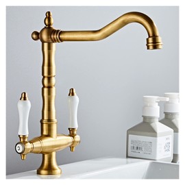 WIMPBLADB Kitchen Ceramic Handle Faucet European Style Full Brass Retro Single Hole Two Handle Bathroom Basin Faucet Kitchen Sink Faucet(Gold)