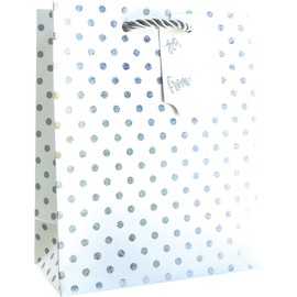 Jillson Roberts Small Gift Bags with Holographic Accents, Party Favor Totes, Silver Dots on White, 12 Count