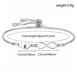Alphabet Heart Bracelet infinite Pendant Silver Color Women Gift Initial Letters for Girls Birthday Christmas Anniversary Graduation Infinite Shiny Crystal Bracelets Gift (K)