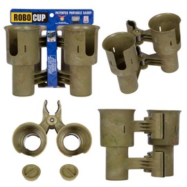 ROBOCUP, (Camo), Patented Boat Cup Holder, Clamp on Portable Storage Caddy Securely Holds 2 Drinks, Fishing Poles, Tools, Marine Gear | Perfect for Boating, Beach Umbrellas, Golf Carts
