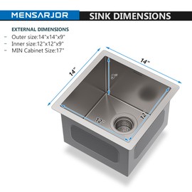 MENSARJOR Bar Sink, 14 x 14 inch Undermount Kitchen Sink, 16 Gauge Stainless Steel Sink, Handmade for Kitchen Sink, Bar Sink, or Outdoor Sink